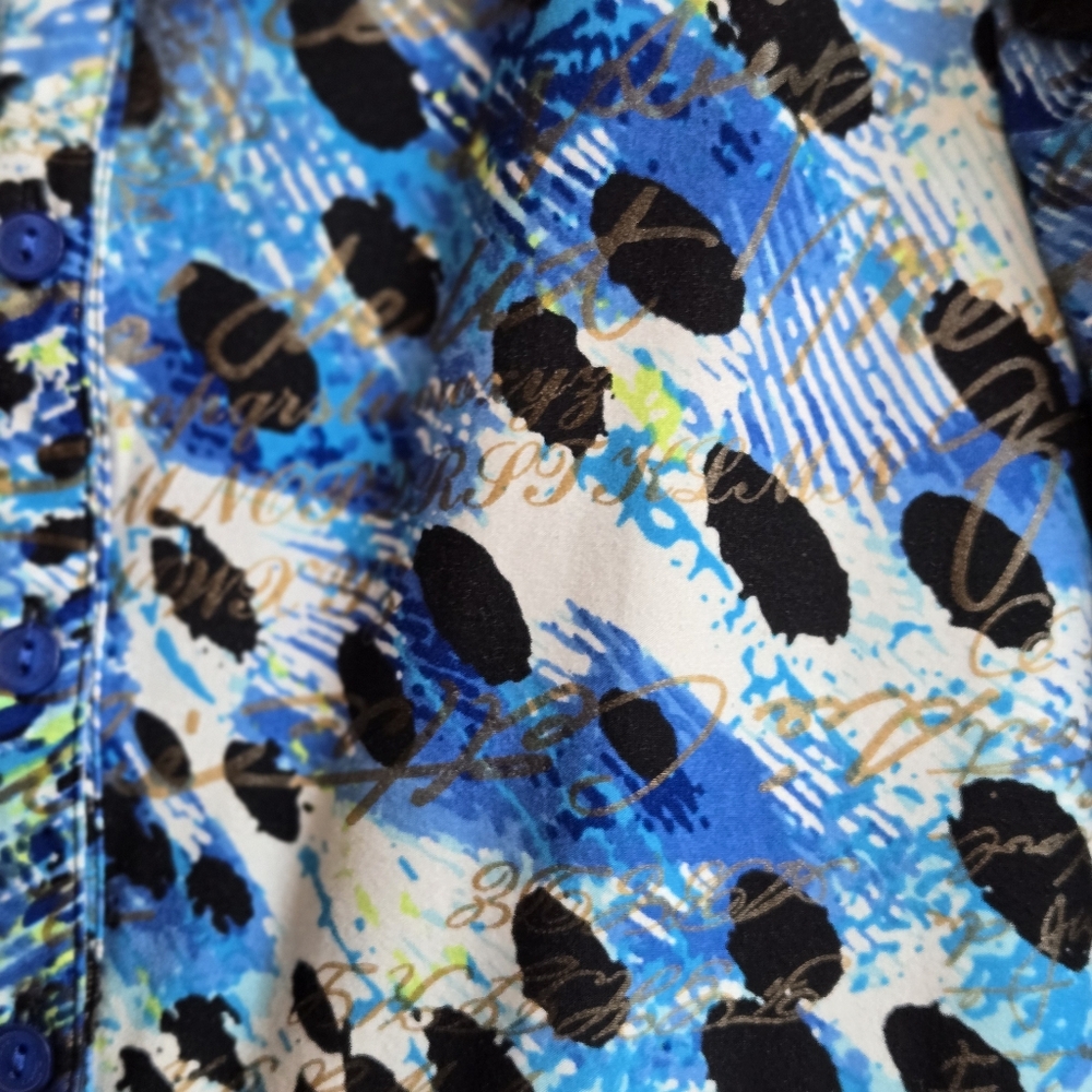 Vibrant Blue and Black Animal Print Patterned Blouse Gold Metallic Accent XL - Picture 3 of 8
